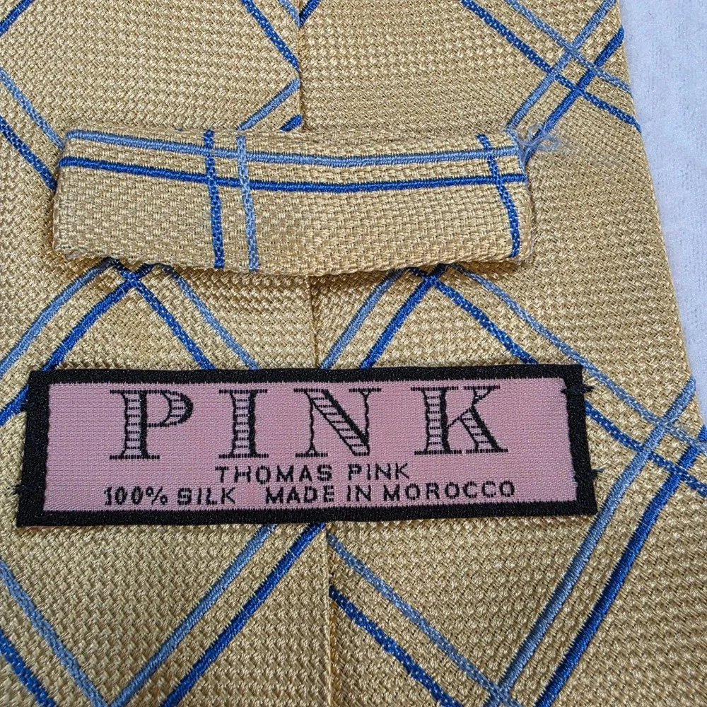 Thomas Pink Mens Yellow Blue Windowpane Check 100% Silk Tie Made in Morocco